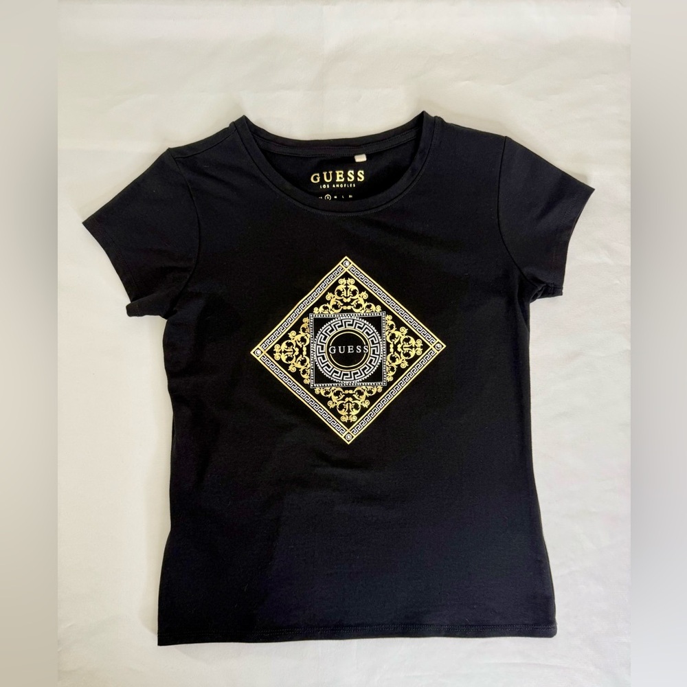GUESS Black Graphic Tee with Gold & Rhinestones